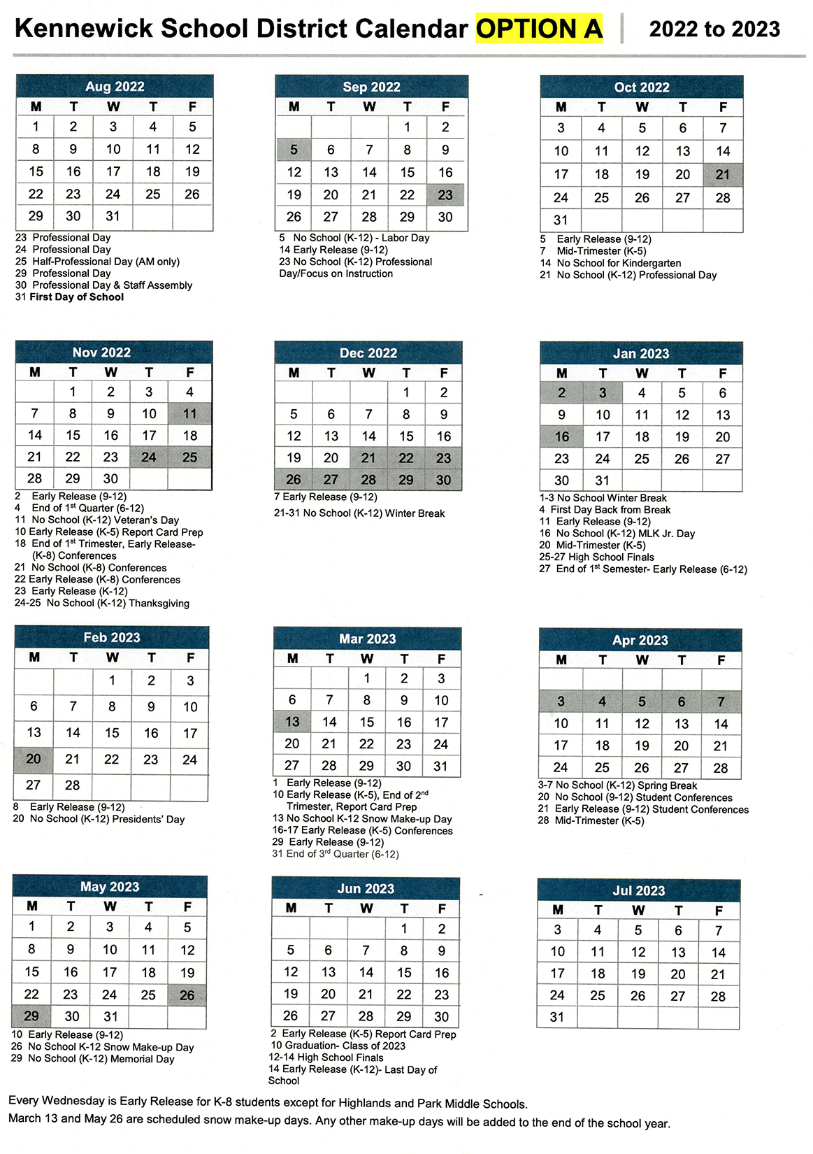 2022-23 Calendar Option A